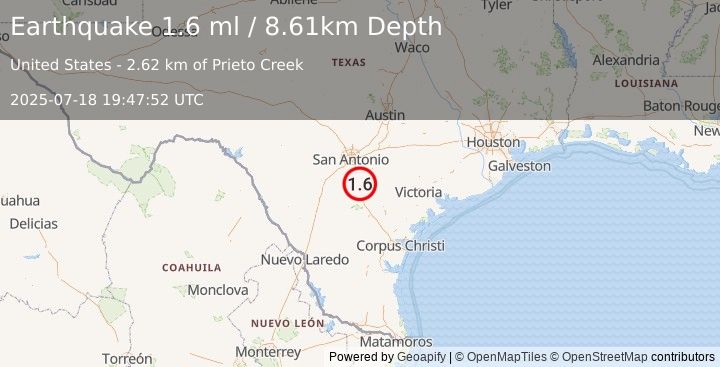 Earthquake 18 km E of Pleasanton, Texas (1.6 ml) (2025-07-18 19:47:52 UTC)