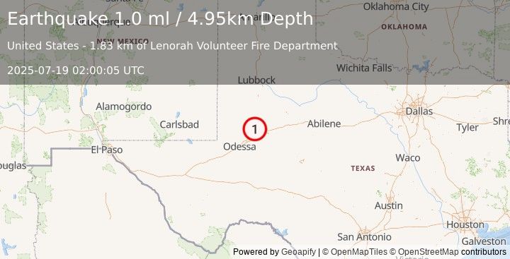 Earthquake 20 km NNW of Stanton, Texas (1.0 ml) (2025-07-19 02:00:05 UTC)