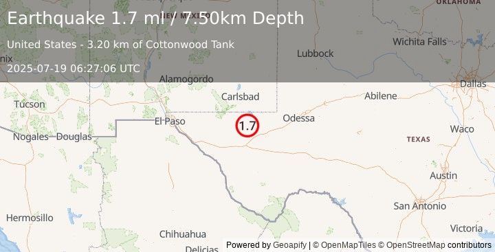 Earthquake 39 km WSW of Mentone, Texas (1.7 ml) (2025-07-19 06:27:06 UTC)
