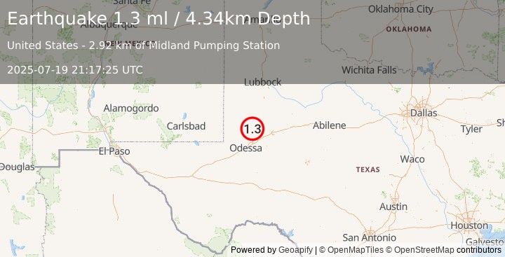 Earthquake 35 km E of McKinney Acres, Texas (1.3 ml) (2025-07-19 21:17:25 UTC)