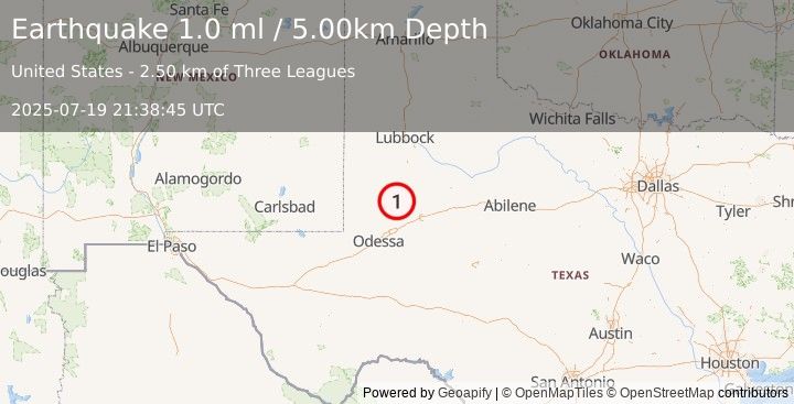 Earthquake 25 km SSW of Los Ybanez, Texas (1.0 ml) (2025-07-19 21:38:45 UTC)