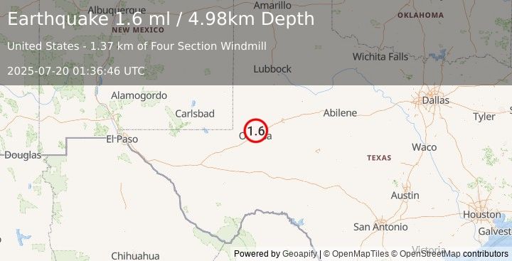 Earthquake 5 km SSE of Gardendale, Texas (1.6 ml) (2025-07-20 01:36:46 UTC)