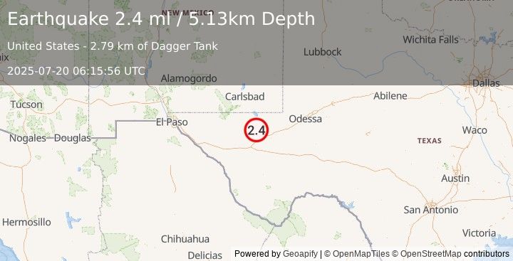 Earthquake 25 km NNW of Toyah, Texas (2.4 ml) (2025-07-20 06:15:56 UTC)