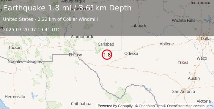 Earthquake 49 km SSE of Whites City, New Mexico (1.8 ml) (2025-07-20 07:19:41 UTC)