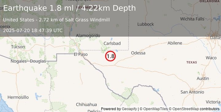 Earthquake 58 km S of Whites City, New Mexico (1.8 ml) (2025-07-20 18:47:39 UTC)