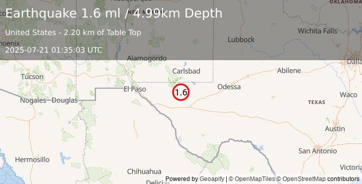 Earthquake 59 km S of Whites City, New Mexico (1.6 ml) (2025-07-21 01:35:03 UTC)