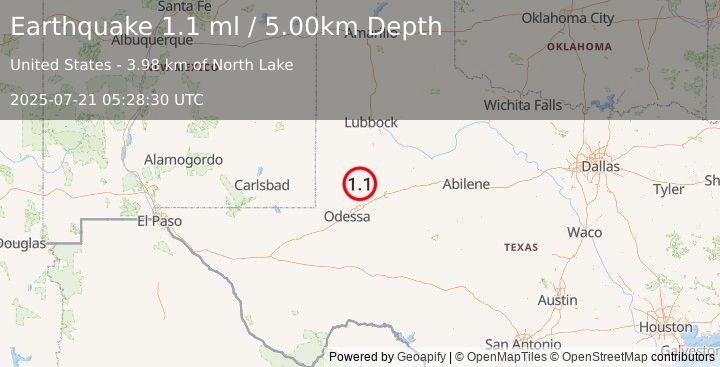 Earthquake 33 km SSW of Los Ybanez, Texas (1.1 ml) (2025-07-21 05:28:30 UTC)