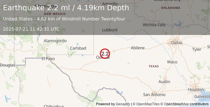 Earthquake 15 km NW of Midland, Texas (2.2 ml) (2025-07-21 11:42:31 UTC)