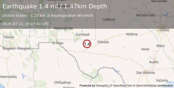 Earthquake 21 km W of Mentone, Texas (1.4 ml) (2025-07-21 20:47:44 UTC)