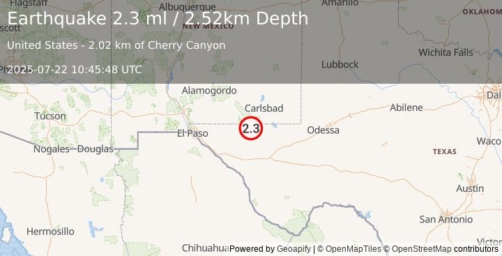 Earthquake 40 km SW of Whites City, New Mexico (2.3 ml) (2025-07-22 10:45:48 UTC)