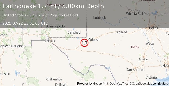 Earthquake 12 km WNW of Pyote, Texas (1.7 ml) (2025-07-22 15:01:06 UTC)