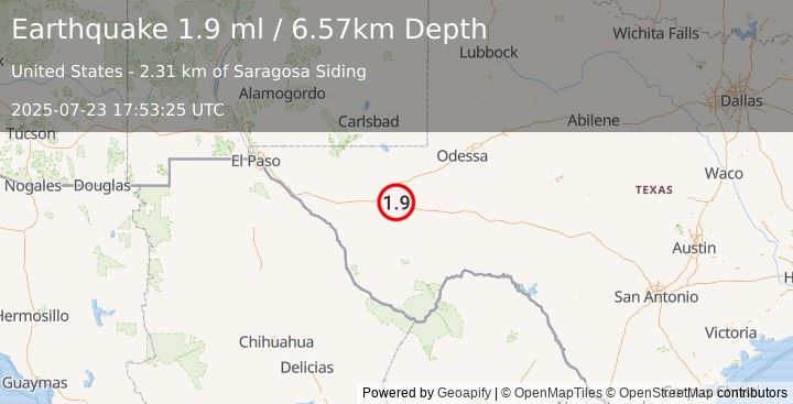 Earthquake 9 km NE of Balmorhea, Texas (1.9 ml) (2025-07-23 17:53:25 UTC)