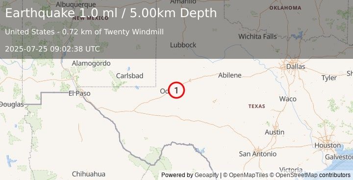 Earthquake 14 km SSW of Midland, Texas (1.0 ml) (2025-07-25 09:02:38 UTC)