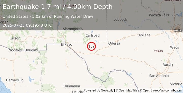 Earthquake 60 km WNW of Toyah, Texas (1.6 ml) (2025-07-25 09:19:48 UTC)