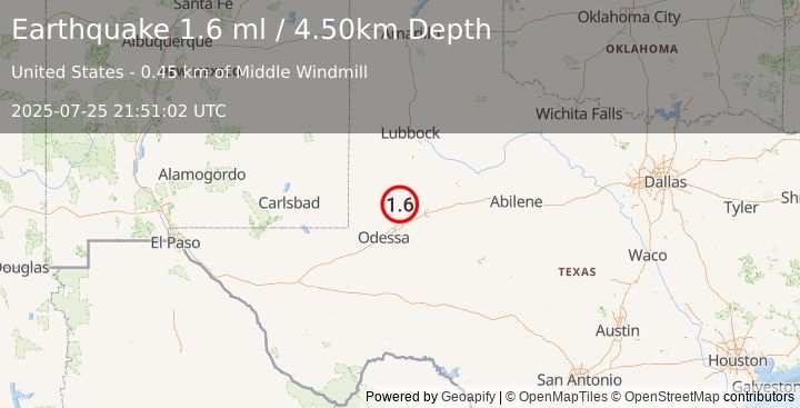 Earthquake 33 km WSW of Ackerly, Texas (1.6 ml) (2025-07-25 21:51:03 UTC)