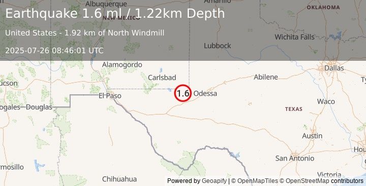 Earthquake 27 km SW of Jal, New Mexico (1.2 ml) (2025-07-26 08:46:02 UTC)