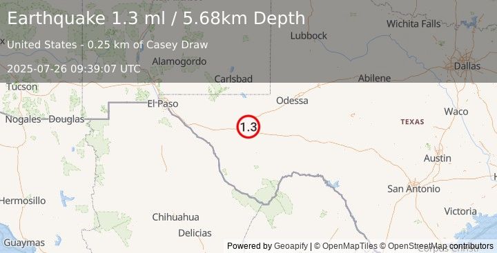 Earthquake 16 km N of Balmorhea, Texas (1.3 ml) (2025-07-26 09:39:07 UTC)