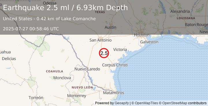 Earthquake 12 km NNW of Three Rivers, Texas (2.5 ml) (2025-07-27 00:58:46 UTC)