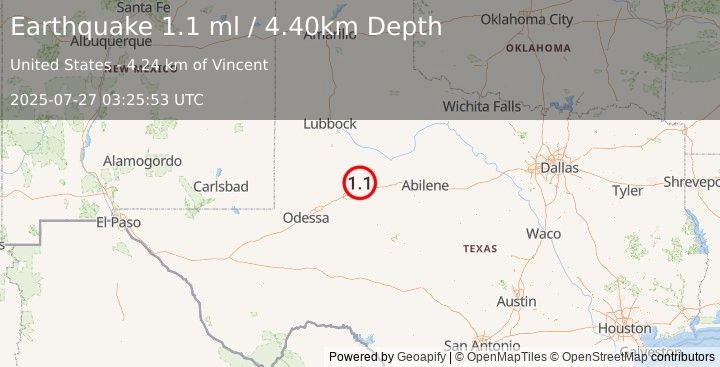 Earthquake 20 km NW of Westbrook, Texas (1.1 ml) (2025-07-27 03:25:53 UTC)