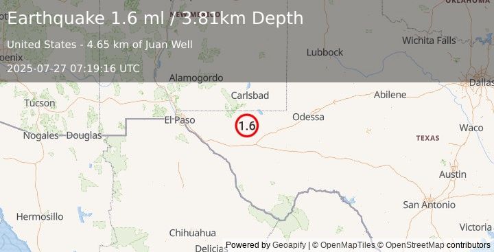 Earthquake 59 km WNW of Toyah, Texas (1.6 ml) (2025-07-27 07:19:16 UTC)