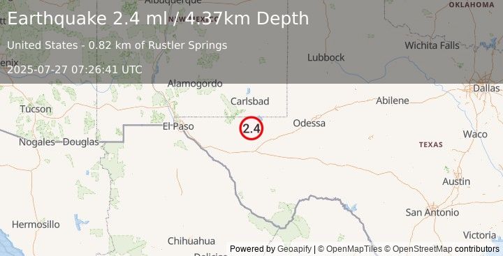 Earthquake 55 km SSE of Whites City, New Mexico (2.4 ml) (2025-07-27 07:26:41 UTC)
