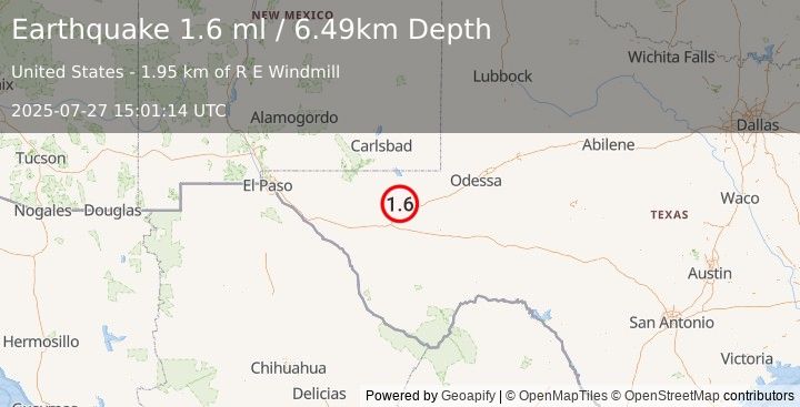 Earthquake 16 km NNW of Toyah, Texas (1.6 ml) (2025-07-27 15:01:14 UTC)