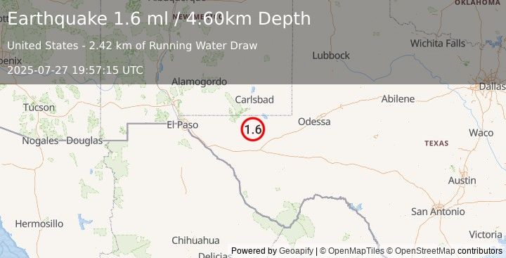 Earthquake 58 km NW of Toyah, Texas (1.6 ml) (2025-07-27 19:57:15 UTC)