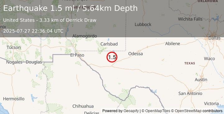 Earthquake 41 km W of Mentone, Texas (1.5 ml) (2025-07-27 22:36:04 UTC)