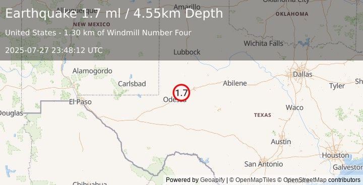 Earthquake 11 km N of Midland, Texas (1.7 ml) (2025-07-27 23:48:12 UTC)