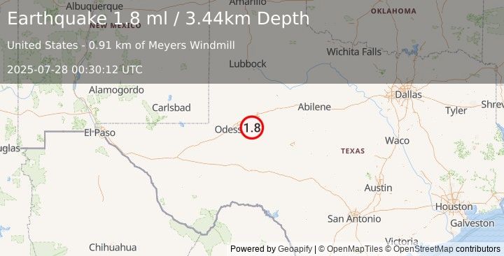 Earthquake 21 km W of Garden City, Texas (1.8 ml) (2025-07-28 00:30:12 UTC)
