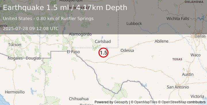 Earthquake 55 km W of Mentone, Texas (1.5 ml) (2025-07-28 09:12:08 UTC)