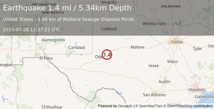 Earthquake 8 km ESE of Midland, Texas (1.3 ml) (2025-07-28 11:37:22 UTC)