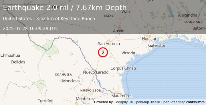 Earthquake 16 km ESE of Pearsall, Texas (2.0 ml) (2025-07-28 16:09:29 UTC)