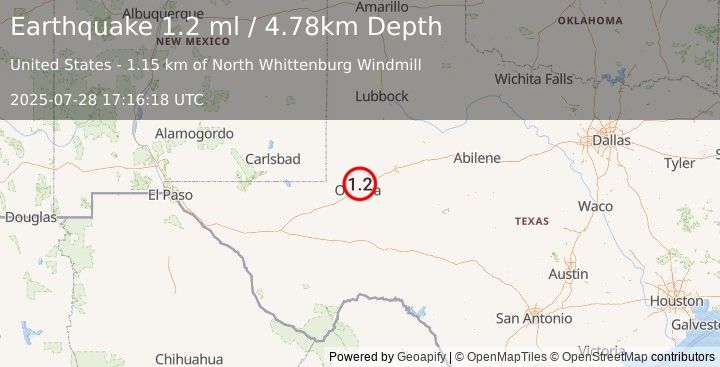 Earthquake 8 km SE of Gardendale, Texas (1.2 ml) (2025-07-28 17:16:18 UTC)