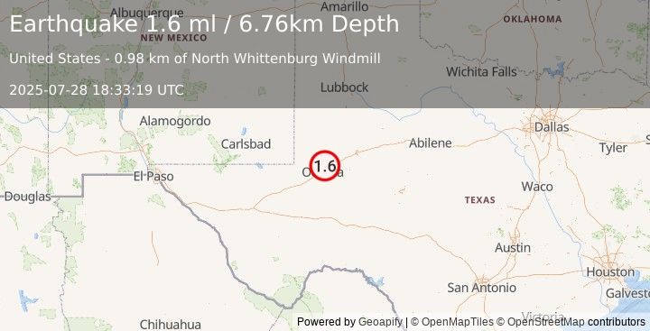 Earthquake 8 km SE of Gardendale, Texas (1.6 ml) (2025-07-28 18:33:19 UTC)