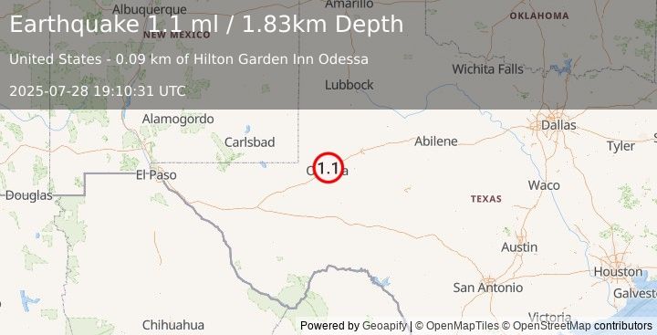 Earthquake 7 km NNE of Odessa, Texas (1.1 ml) (2025-07-28 19:10:31 UTC)