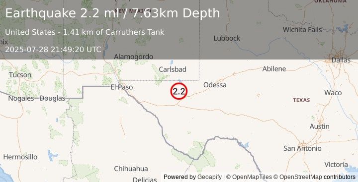 Earthquake 35 km WSW of Mentone, Texas (2.2 ml) (2025-07-28 21:49:20 UTC)
