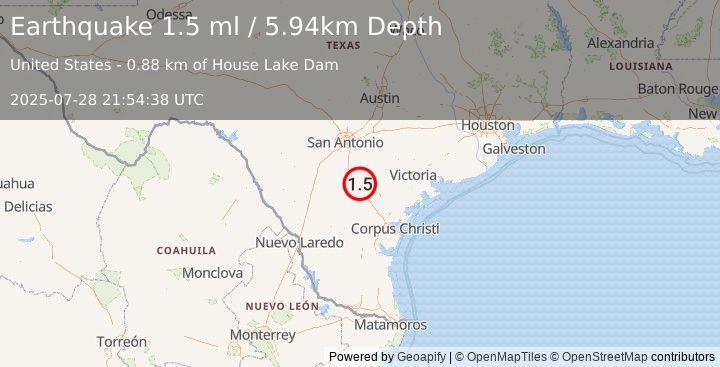Earthquake 16 km WNW of Pawnee, Texas (1.6 mlv) (2025-07-28 21:54:37 UTC)