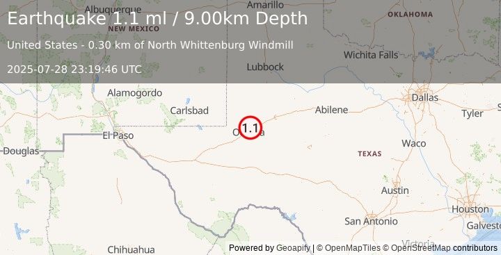 Earthquake 9 km SE of Gardendale, Texas (1.1 ml) (2025-07-28 23:19:46 UTC)
