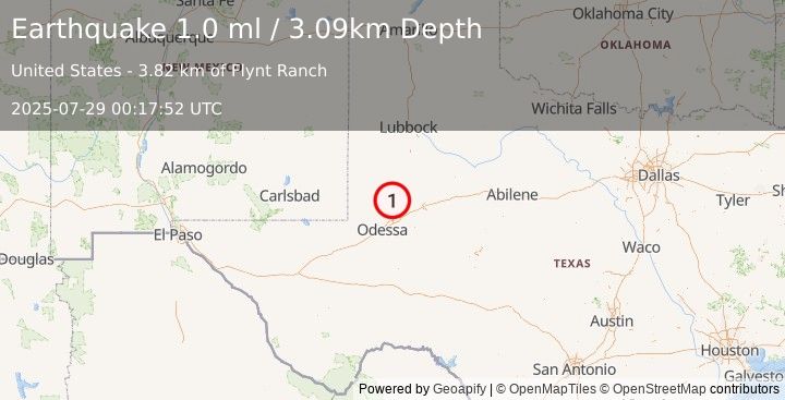 Earthquake 34 km E of McKinney Acres, Texas (1.0 ml) (2025-07-29 00:17:52 UTC)