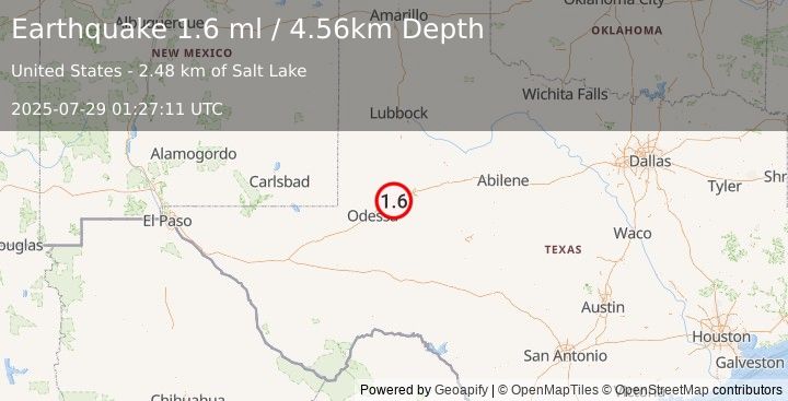 Earthquake 14 km WSW of Stanton, Texas (1.6 ml) (2025-07-29 01:27:11 UTC)