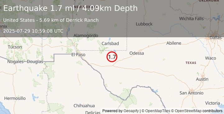 Earthquake 44 km NW of Toyah, Texas (1.7 ml) (2025-07-29 10:59:08 UTC)