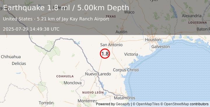 Earthquake 12 km ESE of Pearsall, Texas (1.8 ml) (2025-07-29 14:49:38 UTC)