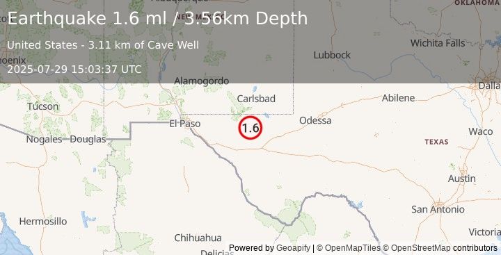 Earthquake 58 km S of Whites City, New Mexico (1.6 ml) (2025-07-29 15:03:37 UTC)