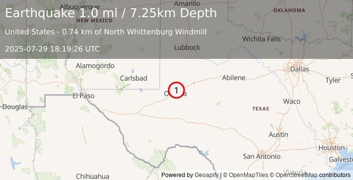 Earthquake 8 km SE of Gardendale, Texas (1.0 ml) (2025-07-29 18:19:26 UTC)