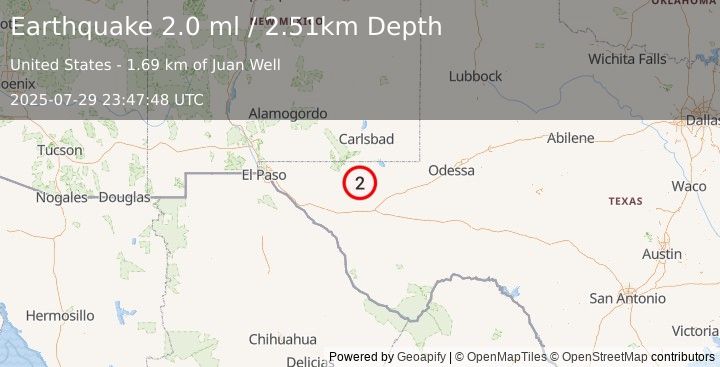 Earthquake 63 km WNW of Toyah, Texas (2.0 ml) (2025-07-29 23:47:48 UTC)