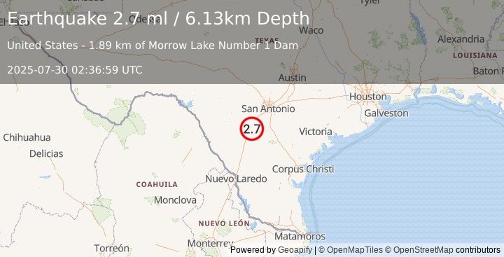 Earthquake 8 km ESE of Pearsall, Texas (2.7 ml) (2025-07-30 02:36:59 UTC)