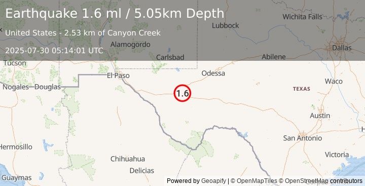 Earthquake 14 km NNE of Balmorhea, Texas (1.6 ml) (2025-07-30 05:14:01 UTC)