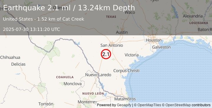 Earthquake 17 km ESE of Pearsall, Texas (2.1 ml) (2025-07-30 13:11:20 UTC)