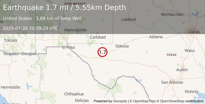 Earthquake 16 km NNW of Toyah, Texas (1.7 ml) (2025-07-30 20:59:29 UTC)